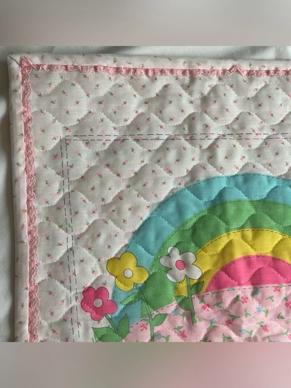 Vintage 70’s Baby Quilt /Giraffe, Rainbow, Teddy Bear 43” L X33”W - IT’S A GIRL